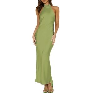 NWT Olive Green Satin Halter Neck Backless Maxi Dress Formal Wedding - XL